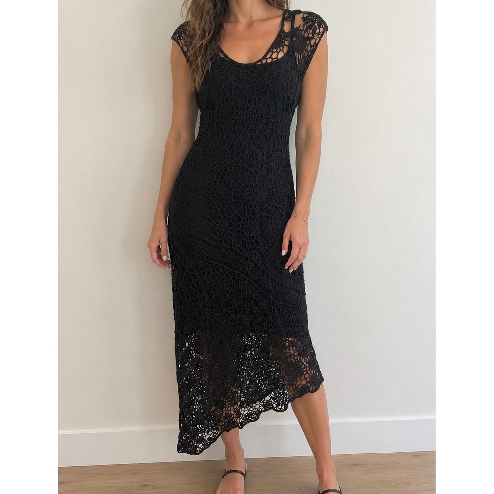 Crochet Black Open Knit Midi Dress Sz M Lined Asymmetrical Hem Boho Beach Cotton